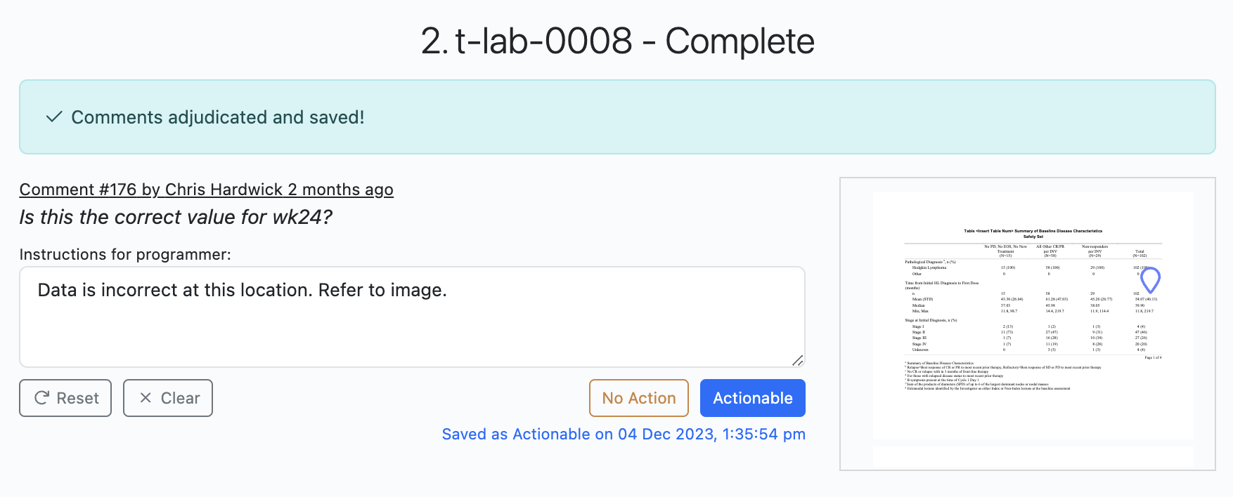 Example of markup comments embedded in adjudication wizard